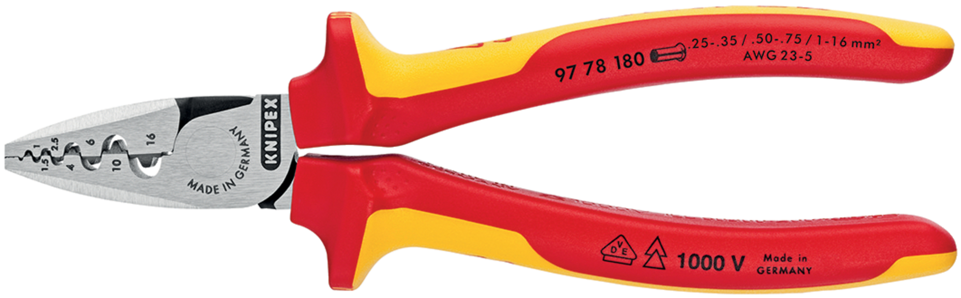 KNIPEX 97 78 180 Crimpzange f. Aderendhülsen isoliert Mehrk. VDE 180 mm