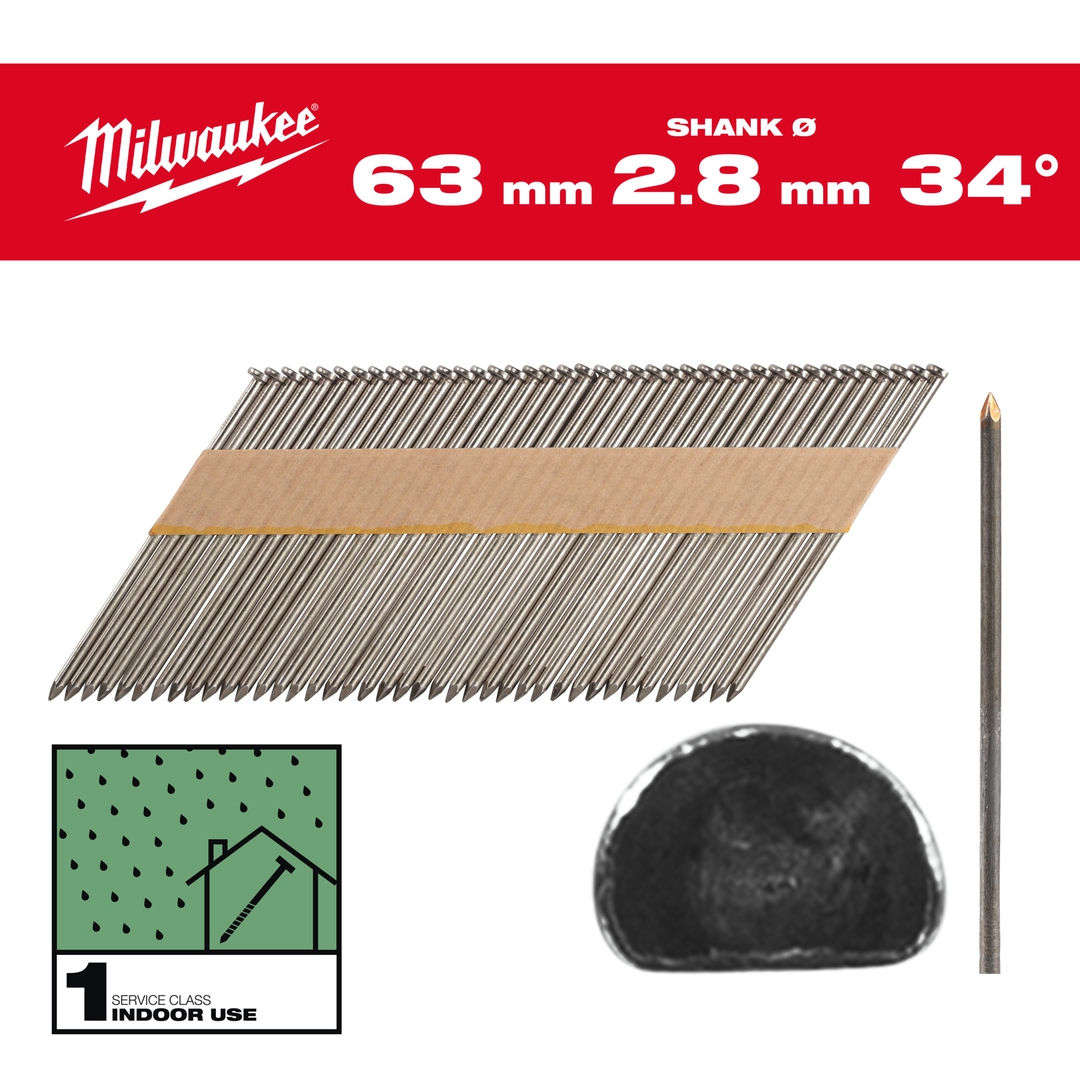 MILWAUKEE D-Kopf-Nägel 34° 7,4x2,8x63 mm, Glattschaft Stahl blank