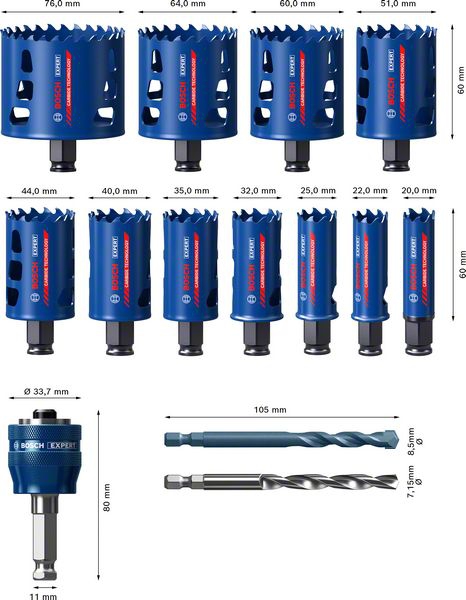 BOSCH Lochsägen-Set EXPERT ToughMaterial 20/22/25/32/35/40/44/51/60/64/76 mm