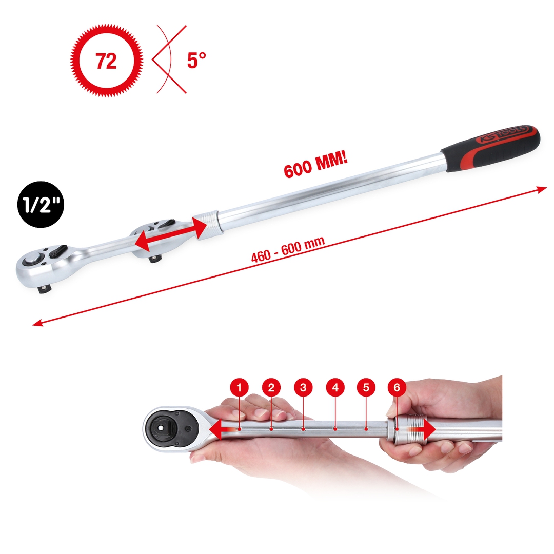 KS TOOLS 1/2" Teleskop-Umschaltknarre extra lang, 72-Zahn 460-600mm