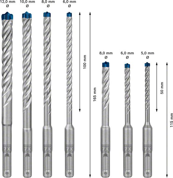 BOSCH Hammerbohrer-Set SDS Plus-7X 5/6/8x50, 6/8/10/12x100 mm, 7-teilig