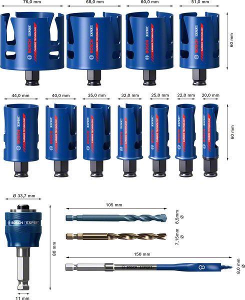 BOSCH Lochsägen-Set Expert Construction Mat. 20/22/25/32/35/40/44/51/60/68/76 mm