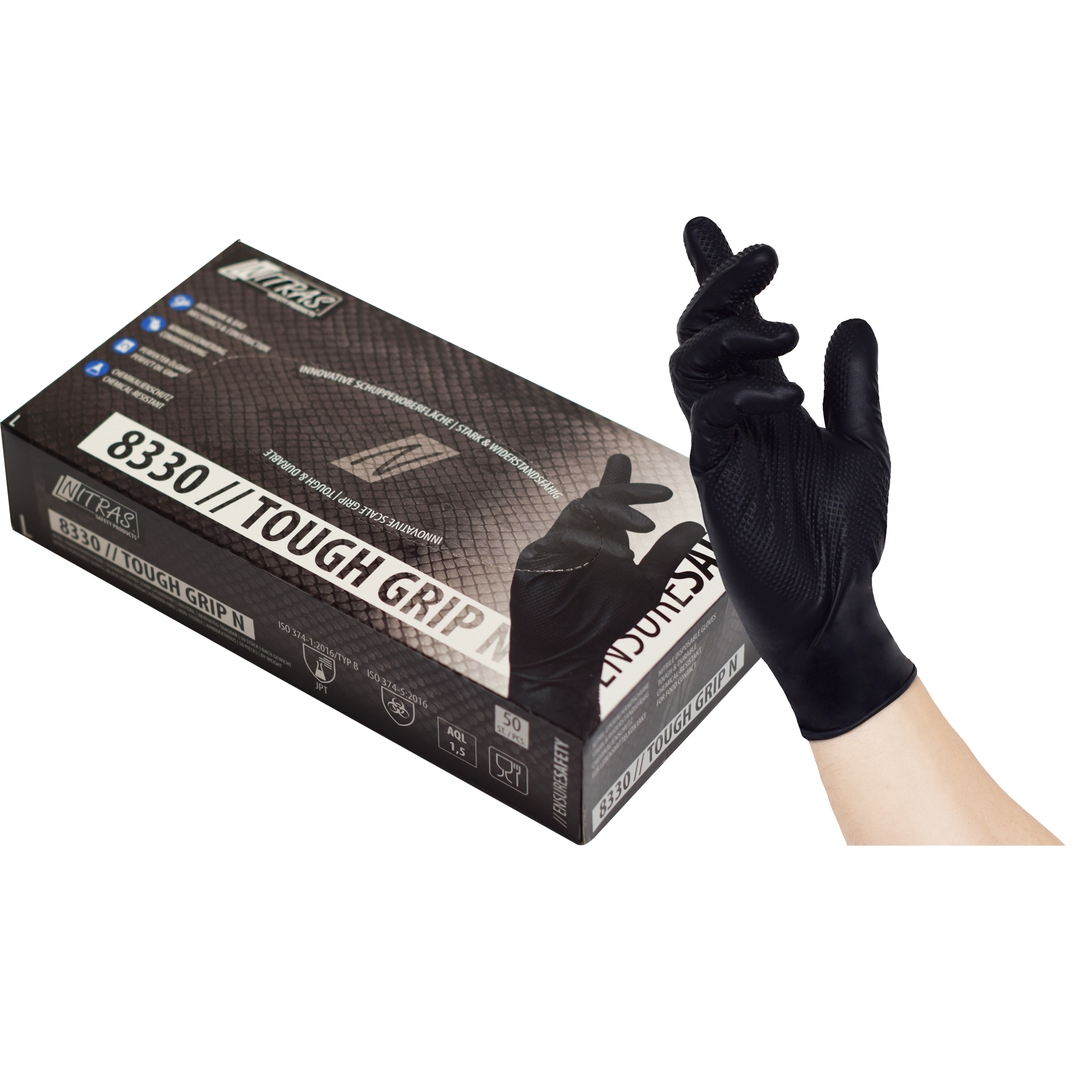 NITRAS TOUGH GRIP N 8330 Box à 50 Stück Nitril-Einmalhandschuhe, schwarz, Gr. XL