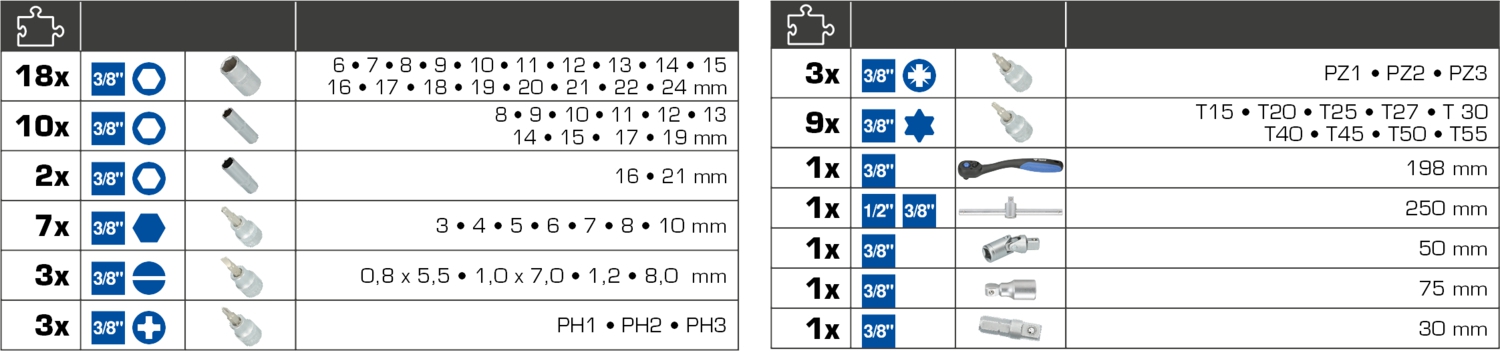 BRILLIANT TOOLS 3/8" Steckschlüssel-Satz,61-tlg.