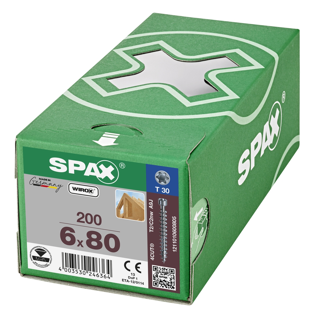 SPAX Zylinderkopf T-STAR+ T30 Vollg. 4CUT WIROX 200St, 6x80mm