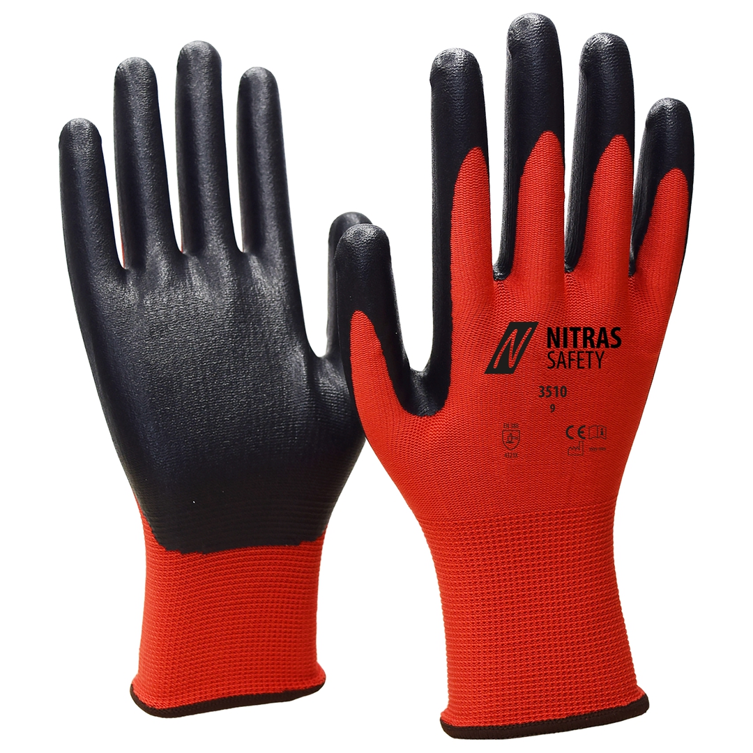 NITRAS Nylonhandschuhe 3510 rot/schwarz Nitrilschaum-Beschichtung Gr.8