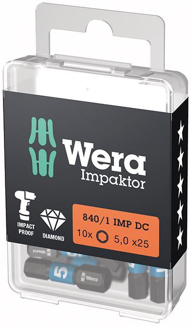 WERA Impaktor-Bit 1/4" Innensechskant 840/1, SW 5 x 25 mm, hex-Plus 10er Pack