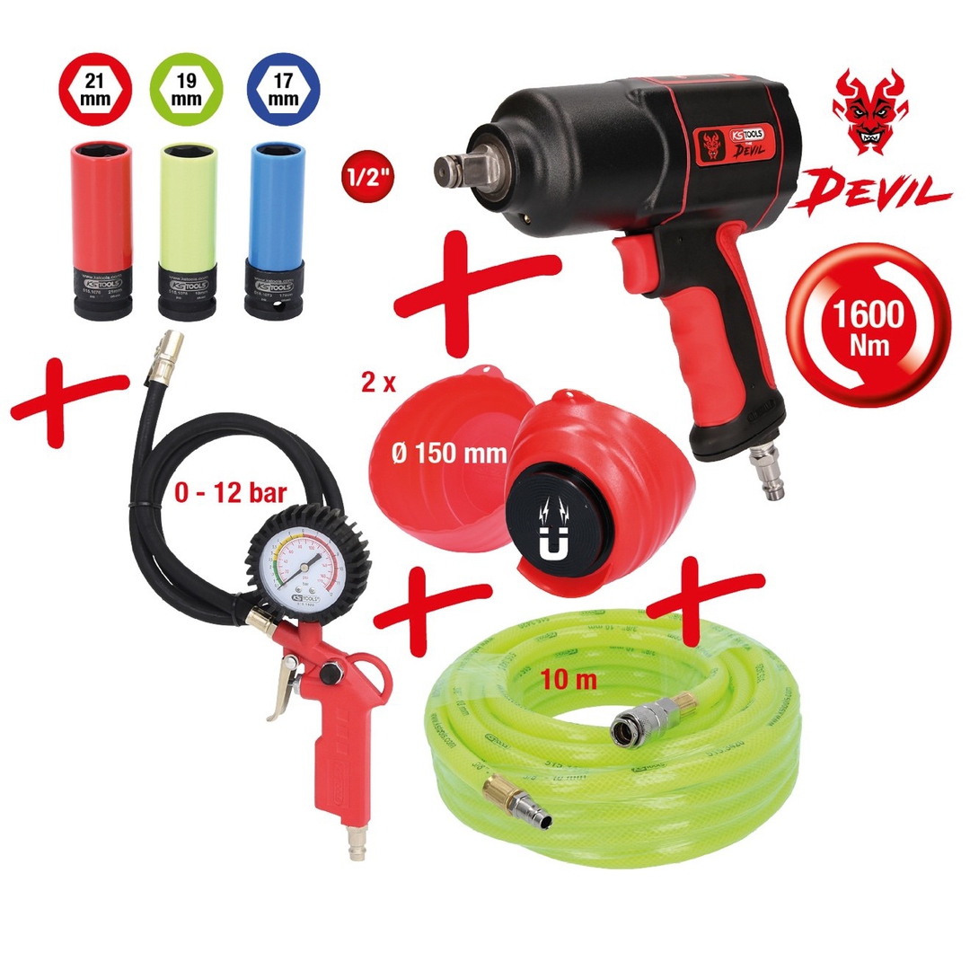 KS Tools Schlagschrauber-Set DEVIL 8-tlg Reifenfüller Schlauch mag. Schalen Nüsse