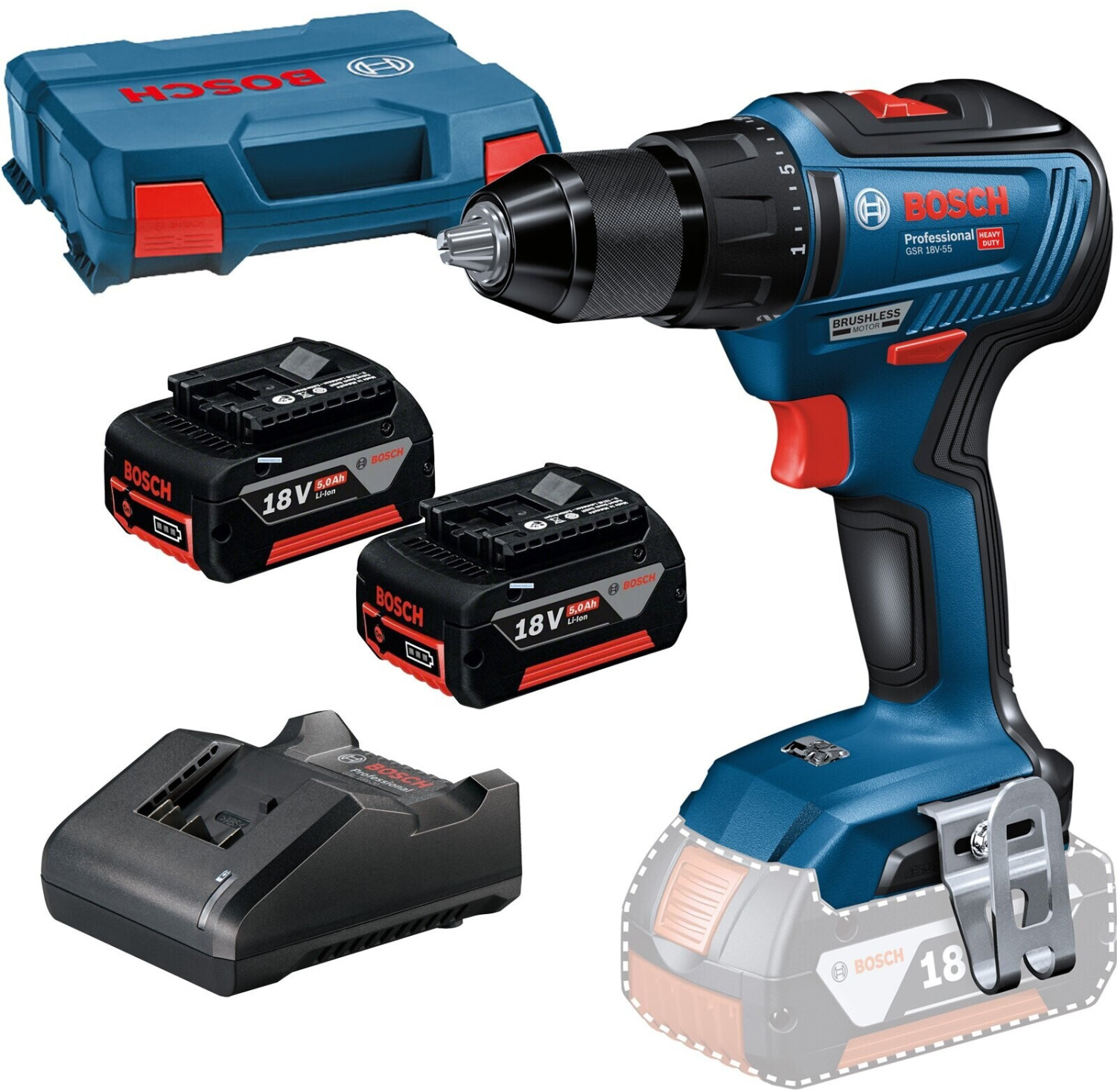 Bosch Akku-Bohrschrauber GSR 18V-55 2x5,0 AH + GAL18V-40 Ladegerät, L-Boxx