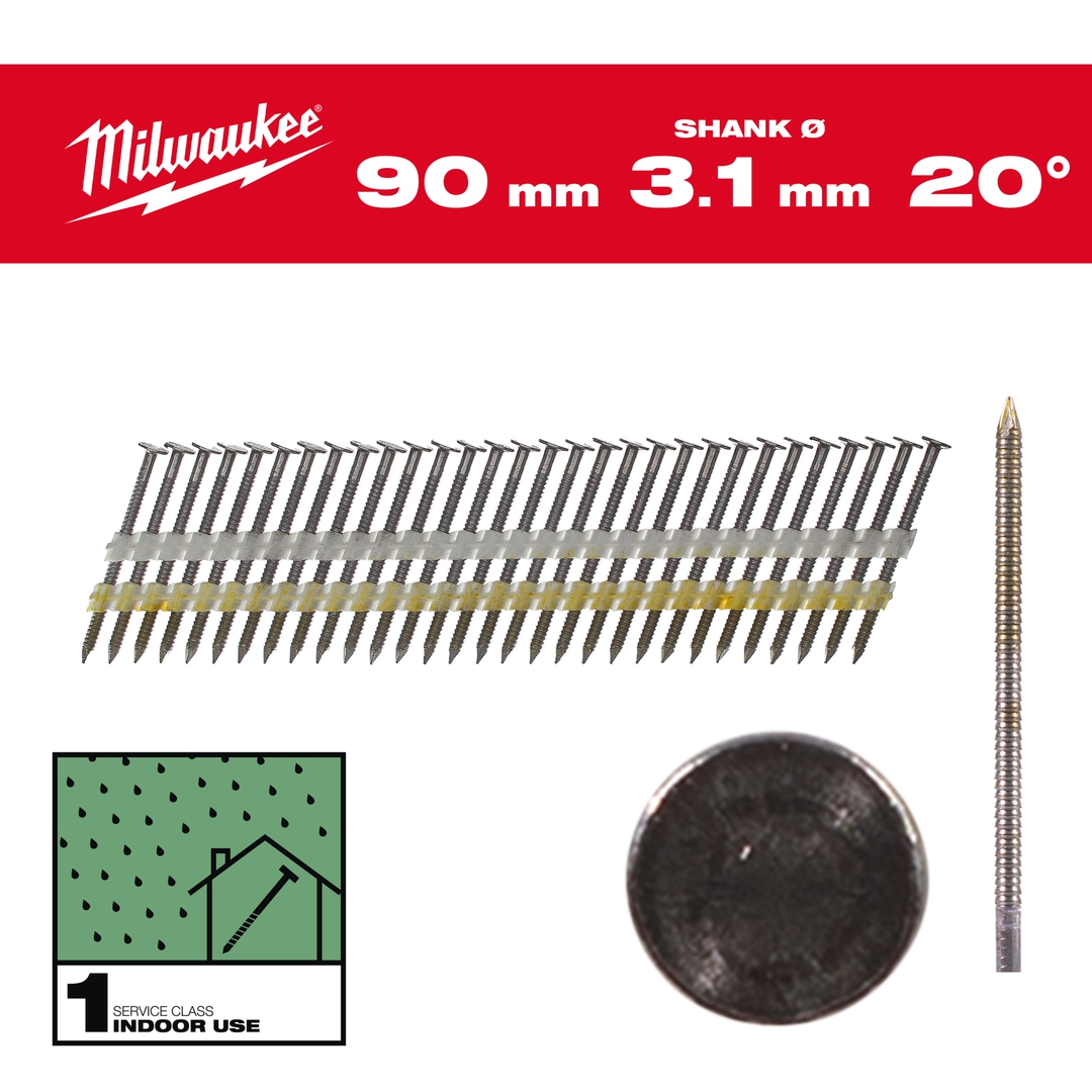 MILWAUKEE Rundkopf-Nägel 20° 7,4x3,1x90 mm, Ringschaft Stahl blank