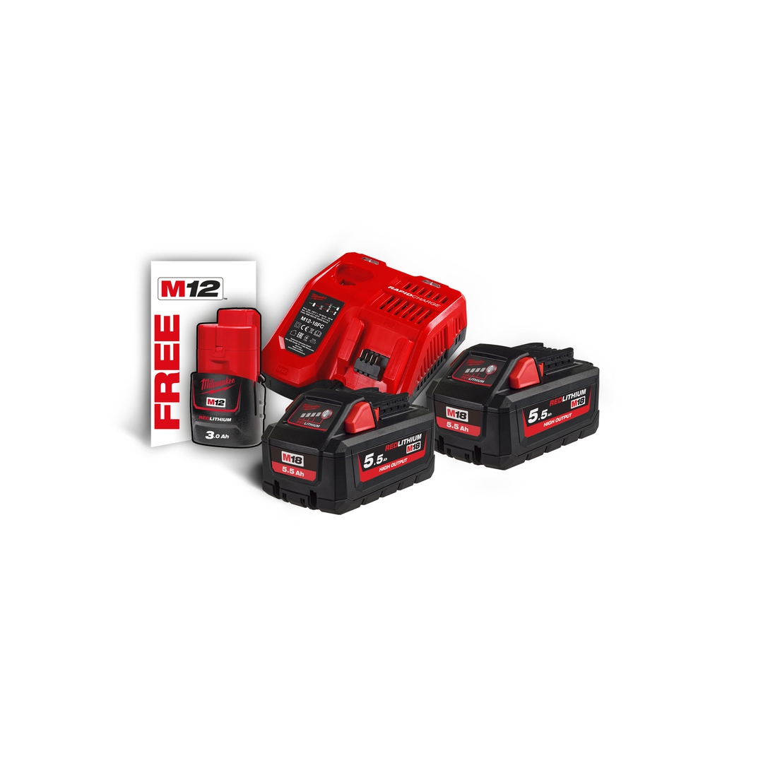 MILWAUKEE 18V Starterset M185HNRG-552 2x18V/5,5 Ah, 1x12V/3,0 Ah, Ladegerät